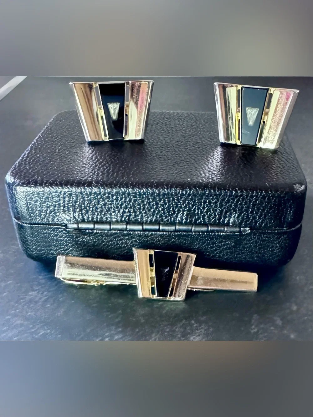 Vintage Anson Cufflinks Tie Clip Bar Set MCM Gold Tone Black Onyx Rhinestone USA